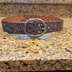 Fossil Leather Belt S Boho Metallic Pewter Silver Laser Cut Diamond Design